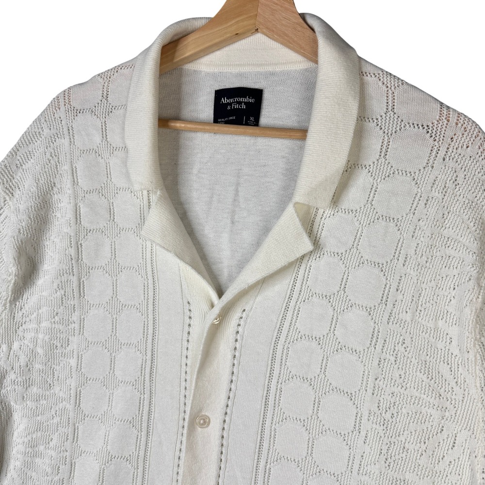Abercrombie & Fitch XL Pointelle Button-Through Polo Sweater Shirt Cream Knit